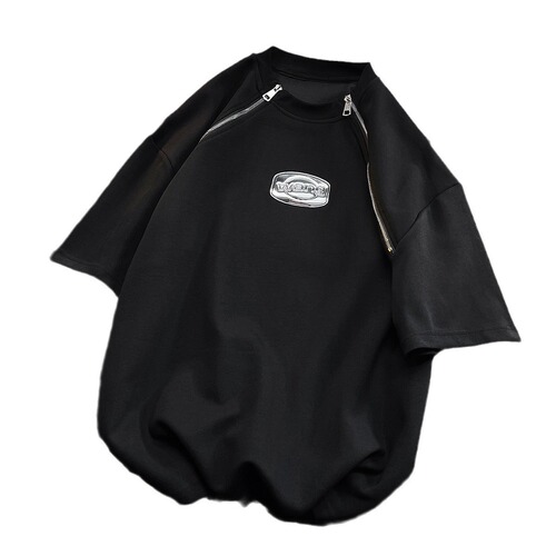 Designer unisex t-shirt with dual zipper, men's short-sleeve summer American large size street fashion brand half-sleeve T-shirt