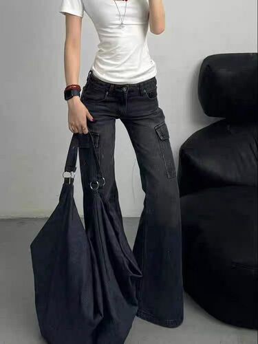 American-style spicy mini workwear bell-bottom jeans for women, new pocket slimming hidden leg pants, fashionable casual pants