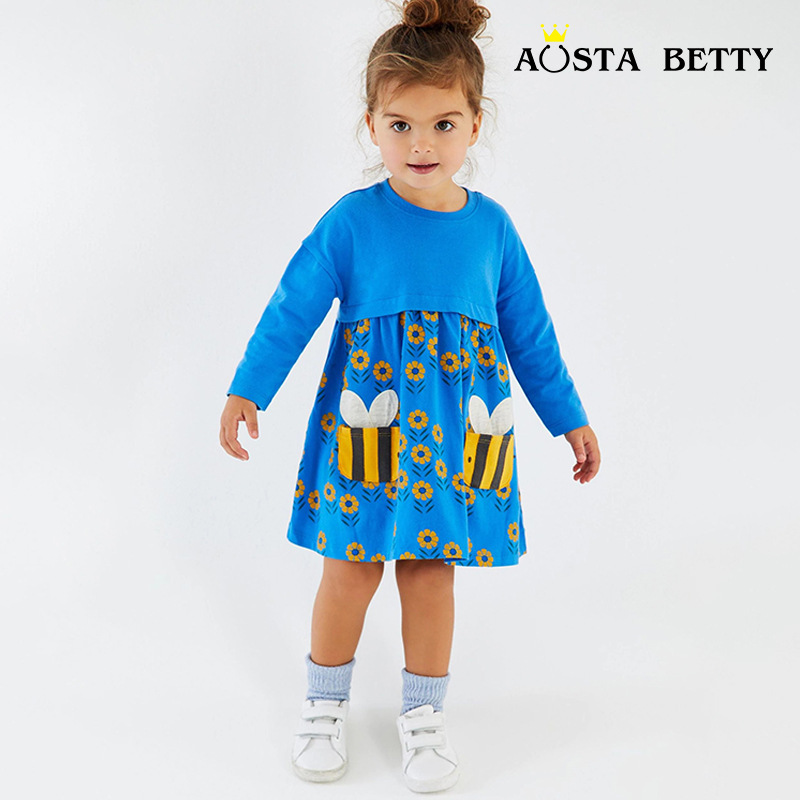 Vestido de manga larga para niñas de estilo europeo y americano de punto de algodón bolsillo de abeja falda para niños bebé niñas flor impresa vestido de princesa