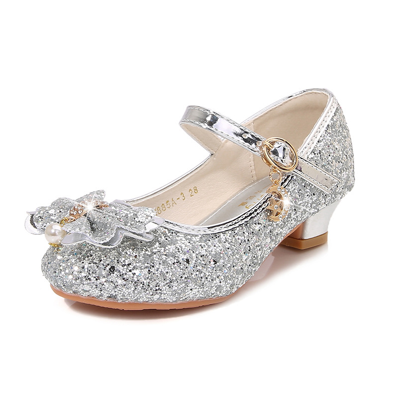 Zapatos de tacón alto para niñas primavera nuevos zapatos de princesa para niños zapatos de cristal plateado inferior suave del todo fósforo zapatos de cuero de rendimiento de niña