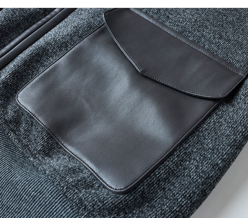Áo khoác nữ dáng ngắn có mũ kéo khóa phối túi da, chất liệu len cashmere pha, form thường — Khói đá Ash chi tiết 17