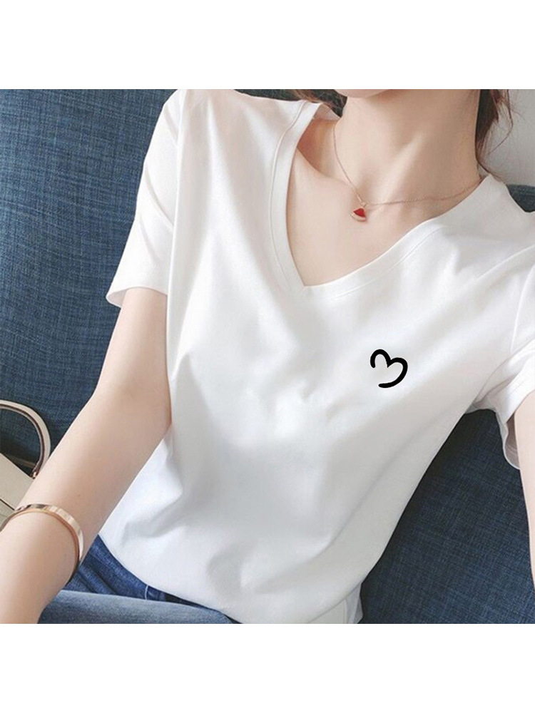 2026 Summer New Pure Cotton V-Neck Regular Shoulder Short-Sleeve T-Shirt for Women, Fashionable Versatile Age-Reducing Slim-Fit White Top