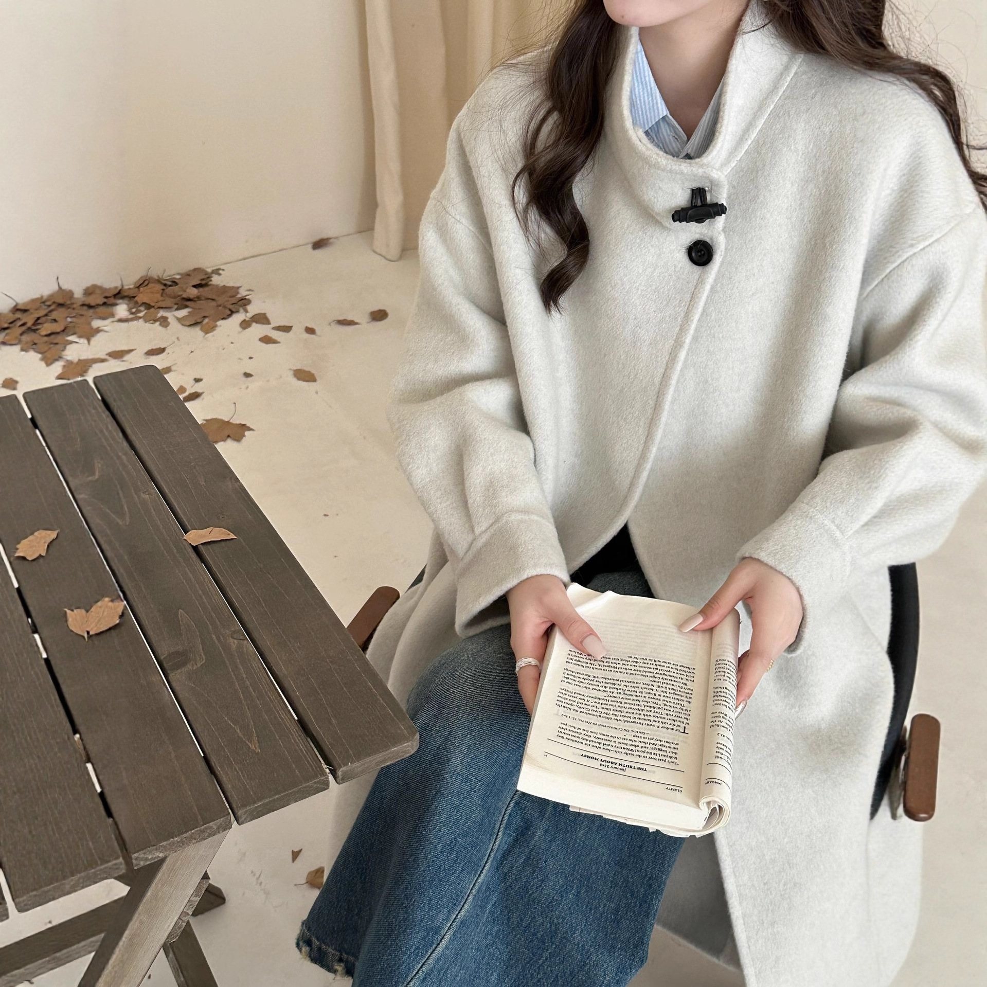 韩系立领显瘦个性牛角扣长款双面羊毛大衣慵懒宽松气质毛呢外套女