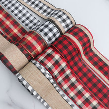 圣诞跨境仿麻圣诞织带 铁丝鱼线边丝带格子带装饰红黑白格子丝带