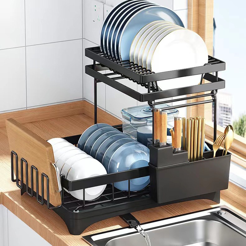 카드 스태킹 이중 접시 랙 모델 B(컵 4개 포함) - 이중 블랙 컴플리트 세트