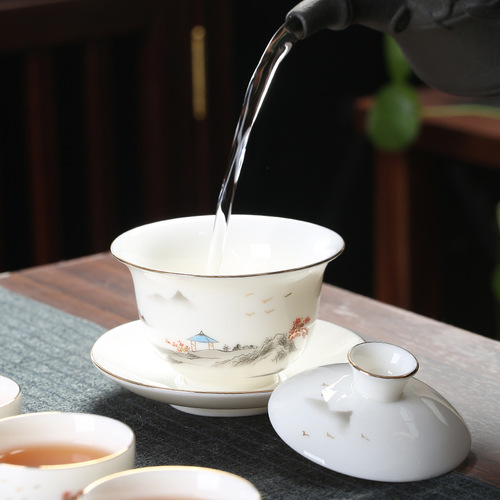 Corporate event business gift printed logo mutton fat jade porcelain Kung Fu tea set set for home use as a souvenir