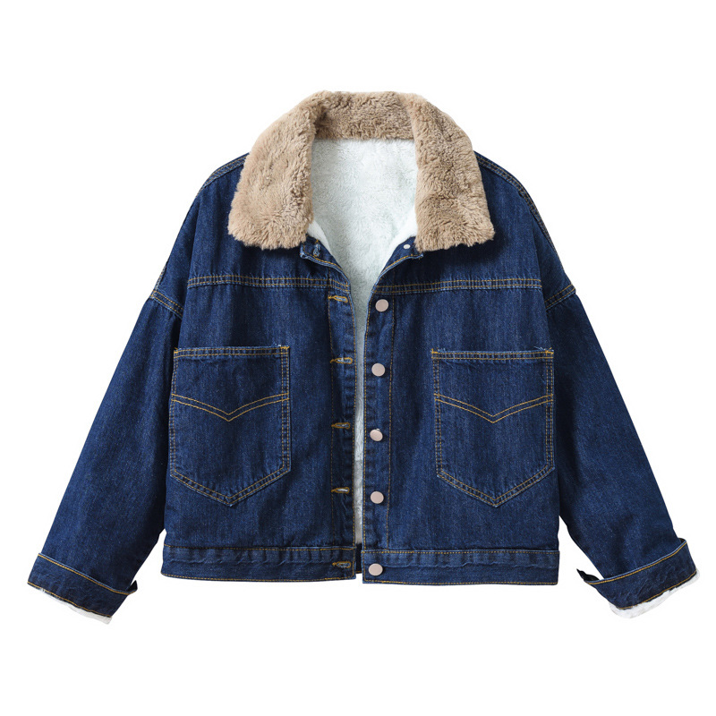 GraceChic Giacca in denim da donna, stile coreano, oversize, casual, spessa, ampia, con collo in pelliccia, foderata in pile, alla moda, con spalle cadenti, nuovo stile_voghion.com