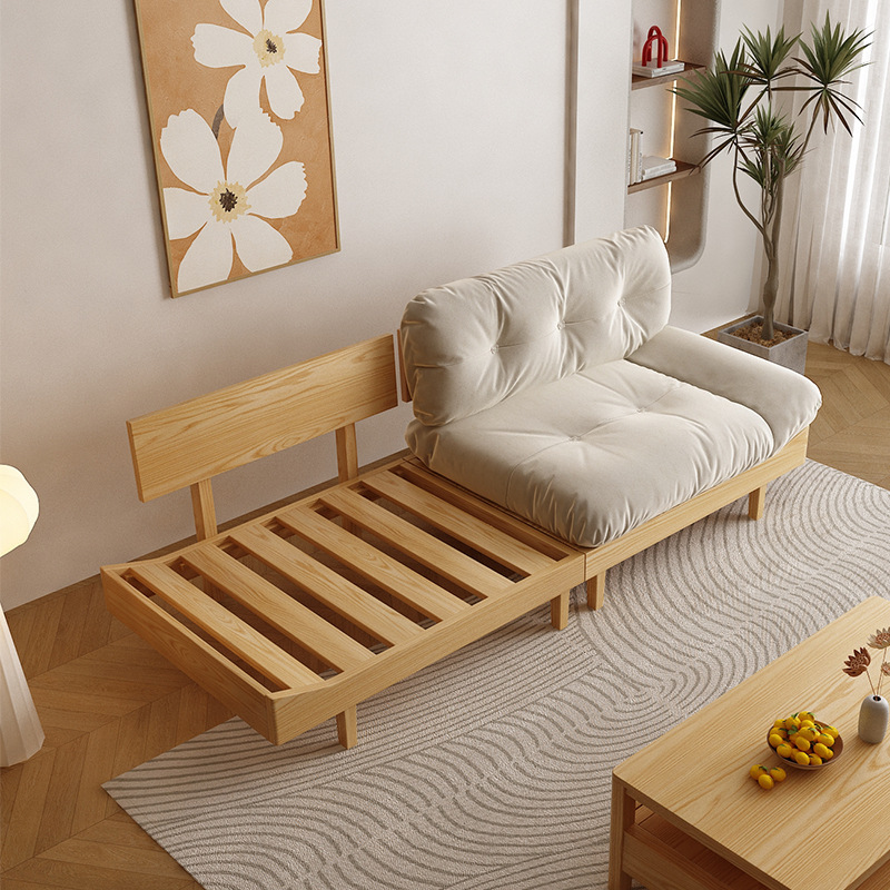 Sofá nubes de madera maciza japonesa sala de estar moderna simple madera de cera blanca color tronco pequeño tela doble triple