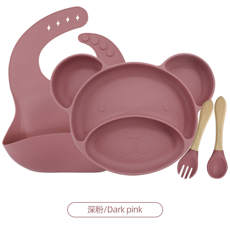 다크 핑크 4 피스 세트 (턱받이 + 작은 미키 플레이트 + 나무 포크와 숟가락)