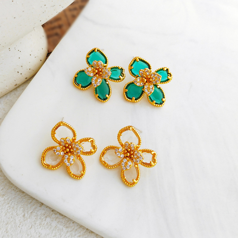 1 Paire Sucré Fleur Le Cuivre Placage Verre Zircon Boucles D'oreilles display picture 4