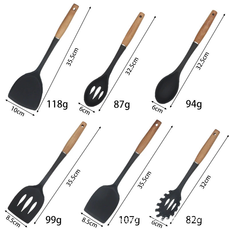 Juego de utensilios de cocina con mango de madera Juego de utensilios de cocina de silicona Juego de 9 piezas Juego de cuchara y pala Olla antiadherente Juego de utensilios de cocina de silicona