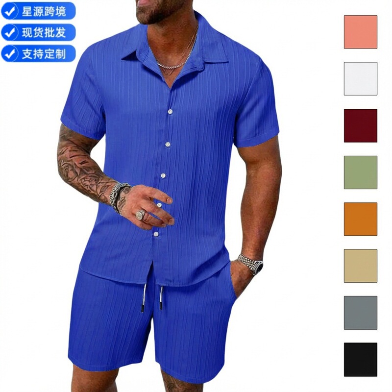 2026 Cross-Border Summer Amazon Aliexpress Men's Shirt Casual Loose Short-Sleeved Shorts Beach Suit Quick-Drying