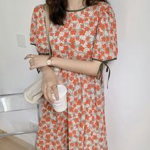 网红时尚大码连衣裙女夏季2025短袖可爱温柔风小众碎花拼色连衣裙