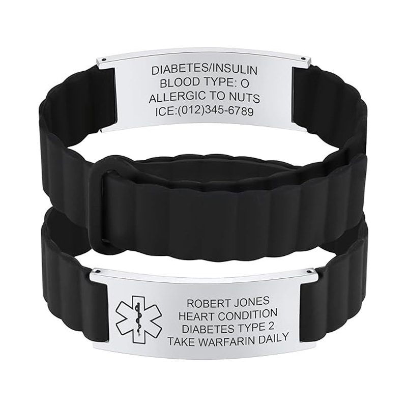 Stainless Steel Curved Silicone Bracelet with Medical Assistance Information, Adjustable Silicone Bracelet with Engraved Steel Plate, Medical Bracelet