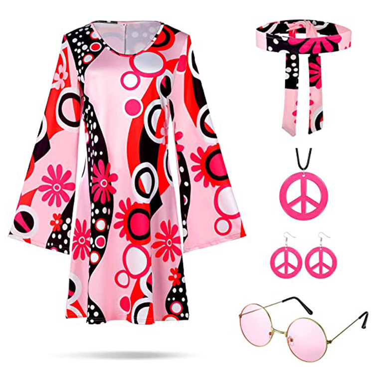 20.23 million Holy Festival 70 s Hippie Disco Costume Holiday Dress Turban Printed dress Two-Piece Set