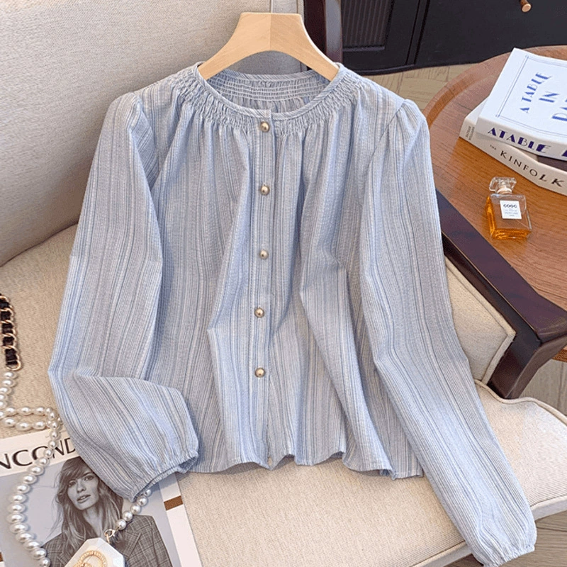 2024 ранняя осень, женская рубашка с длинными рукавами во французскую ретро-полоску, универсальная рубашка, закрывающая живот и придающая стройный вид, осенний верхний топ