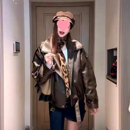 加绒加厚皮衣外套女洋气新款冬季韩版宽松保暖时尚机车皮衣
