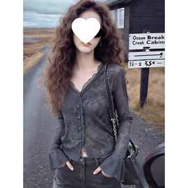 设计暗纹碎花领开衫恤女夏季薄款边喇叭袖收腰显瘦上衣