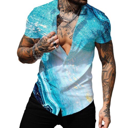Summer New European Size 3D Digital Print Men's Sports Casual Loose Short Sleeve Collar Shirt for Men