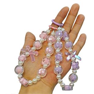 New Bow Beaded Mobile Phone Chain Lucky Four-Leaf Clover Keychain Pendant Cute Backpack Decorative Hanging Chain Wholesale