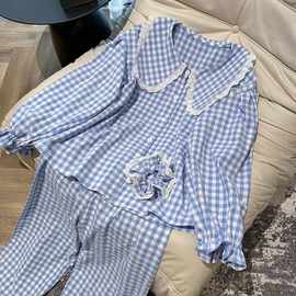 越南小众新品韩版蓝格子睡衣春秋季长袖家居服套装可爱韩版宽松女