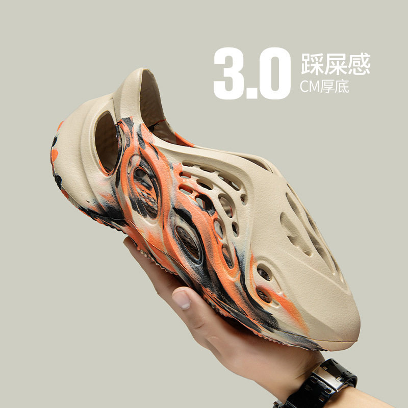 Dép sandal nam lỗ thoáng khí đế dày form tròn cỡ lớn đi biển mùa hè — Chú hề, Màu be cam rằn ri, Nâu xám rằn ri, Xanh lam nâu hồng