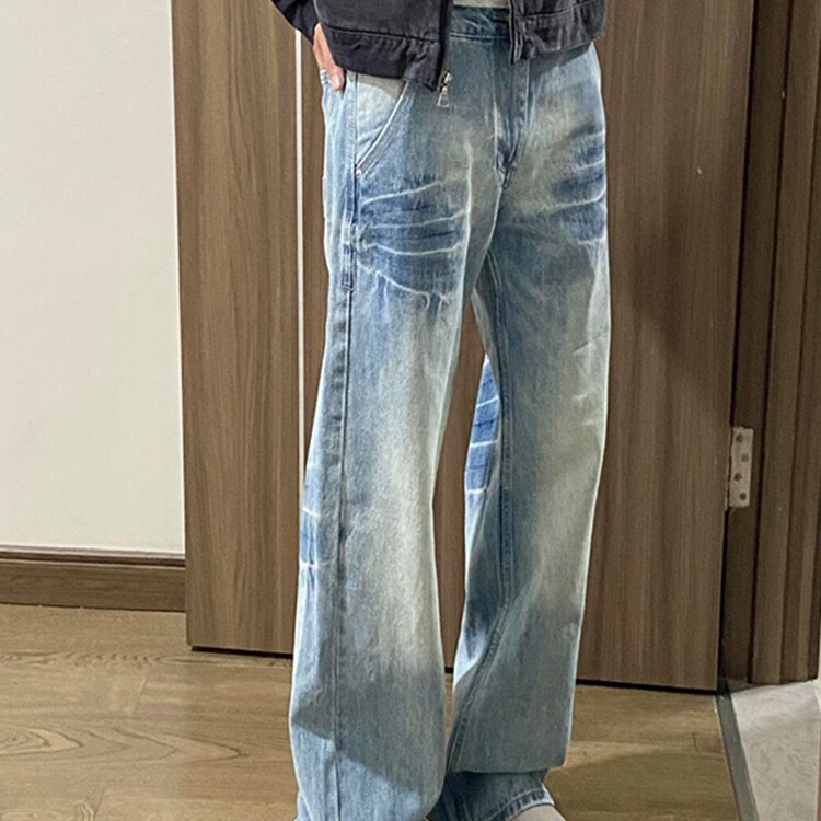 水洗蓝直筒牛仔裤男春秋款美式高街vibe裤子cleanfit弯刀微喇长裤|undefined