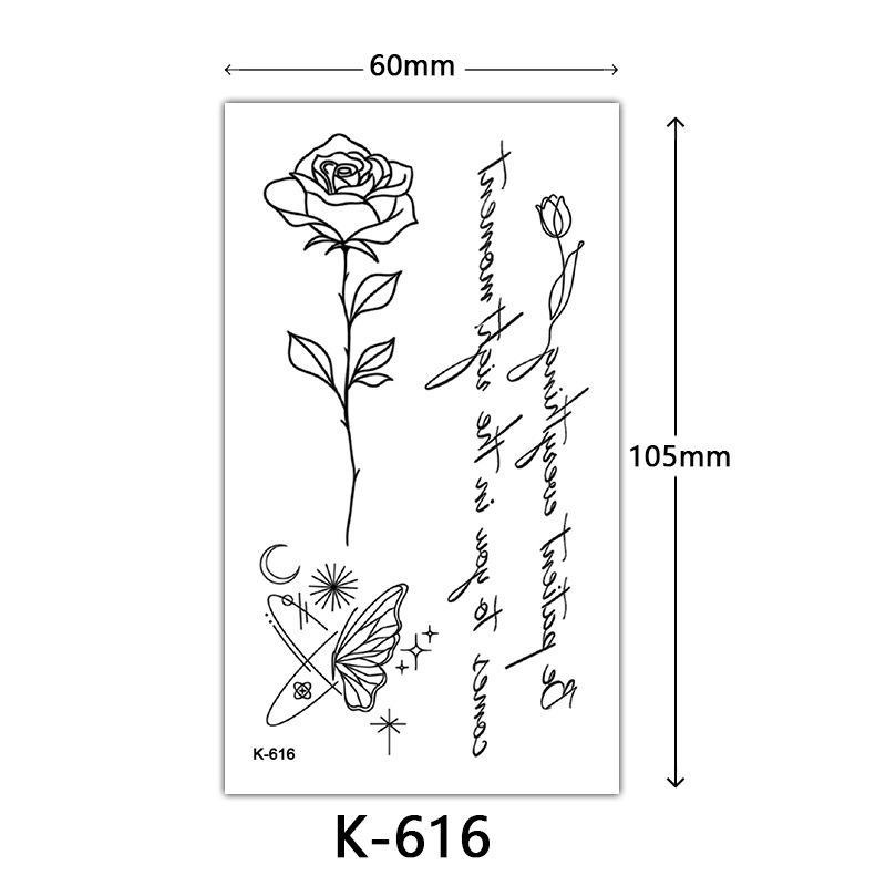 Pequeñas pegatinas de tatuaje frescas letras inglesas flores mariposas líneas de boceto pegatinas de tatuaje impermeables tatuaje