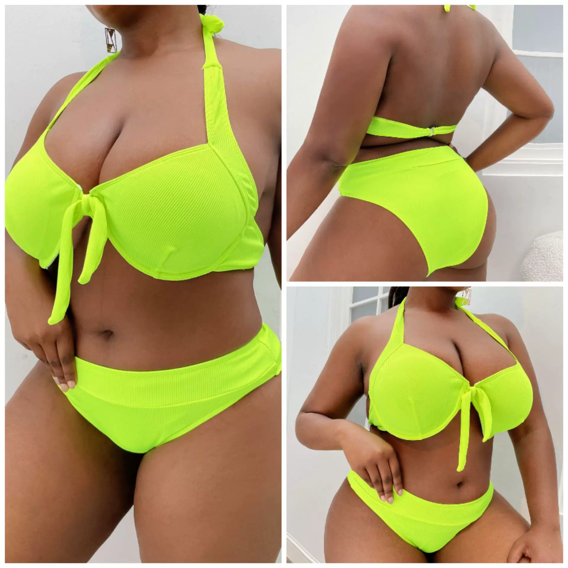 2023新款外贸跨境亚马逊欧美性感大码纯色高腰分体比基尼女士泳衣