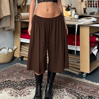 美式个性设计露脐松紧腰系带阔腿七分裤宽松休闲裙裤辣妹长裤女装