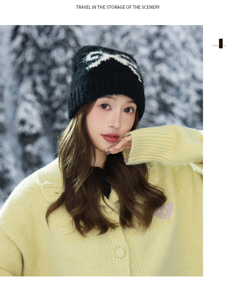 Swee Cue Bow Jacquard Knied Beanie Auumn Winer Lierary Versaile Large Head Circumference Wool Cold-proof Warm_voghion.com
