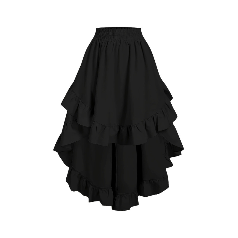 Women's black ruffle hem skirt, elegant and vintage solid color layered A-line skirt