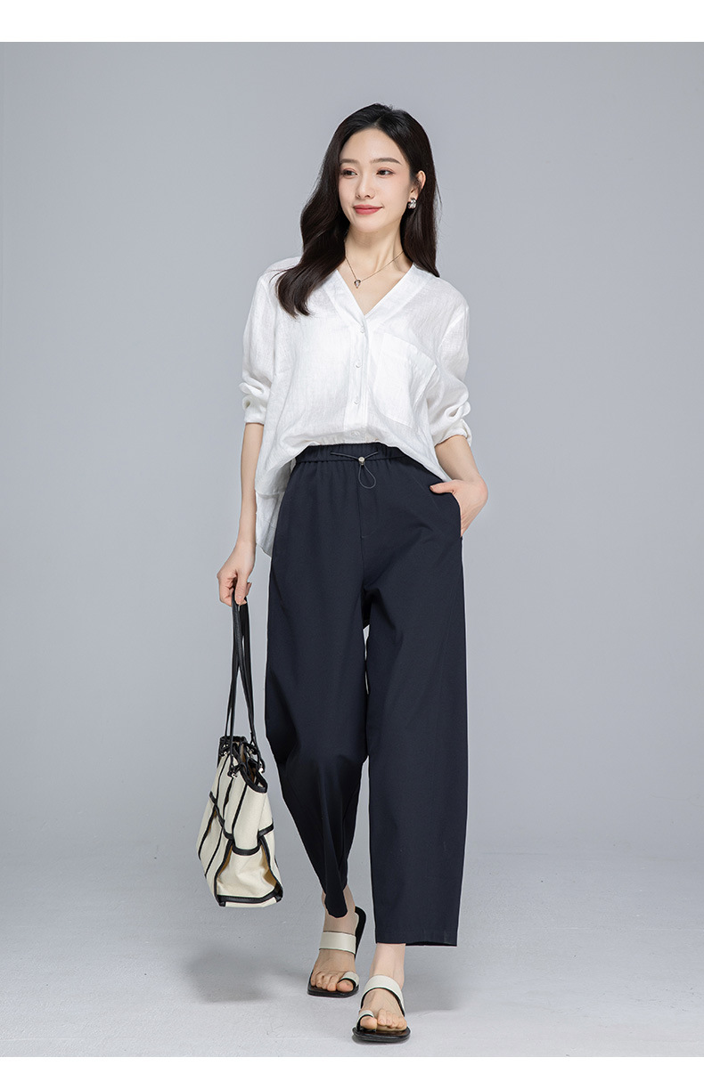 Quần culottes nữ ống rộng cạp chun rút dây dáng lười — Xanh lông mòng đen chi tiết 27