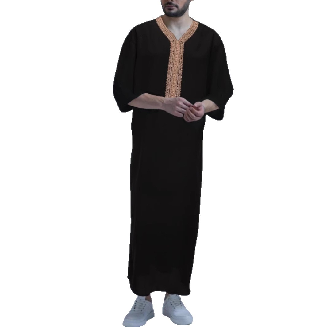 Ethnic Embroidered Kaftan Tunic For Men – Breathable Black Linen-Like Polyester With Hand-Stitched Motifs (Loose Fit, 5-Size Range, Machine Washable)_voghion.com
