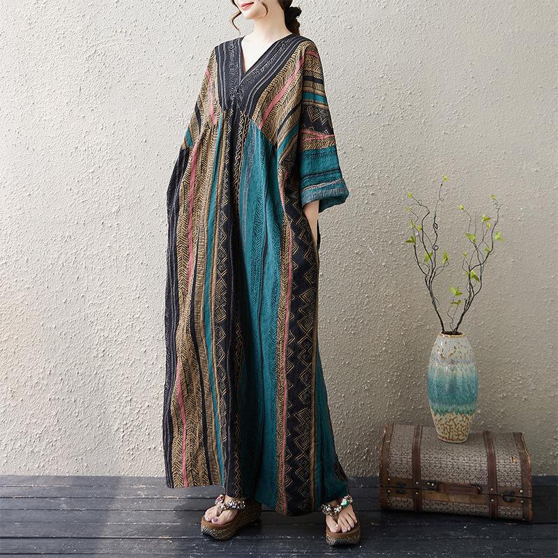 Original Large-Size French-Style High-End Autumn Long-Sleeve Sun-Protective Thin Cotton-Linen Printed Loose Slimming Dress Original Large-Size French-Style High-End Autumn Long-Sleeve Sun-Protective Thin Cotton-Linen Printed Loose Slimming Dress