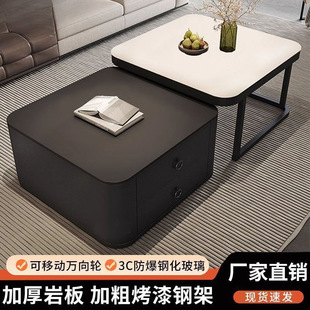 Italian Slate Coffee Table Living Room Home Light Luxury High-End Black Movable Wheeled Small Apartment Coffee Table Combination Table