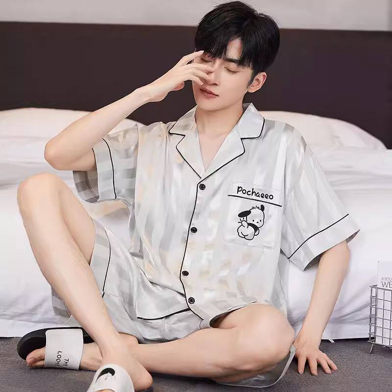 Men's Summer Pajamas, Ice Silk Short-Sleeved Shorts, Imitation Silk Thin Style, Boys and Teenagers Summer Home Wear Set Men's Summer Pajamas, Ice Silk Short-Sleeved Shorts, Imitation Silk Thin Style, Boys and Teenagers Summer Home Wear Set