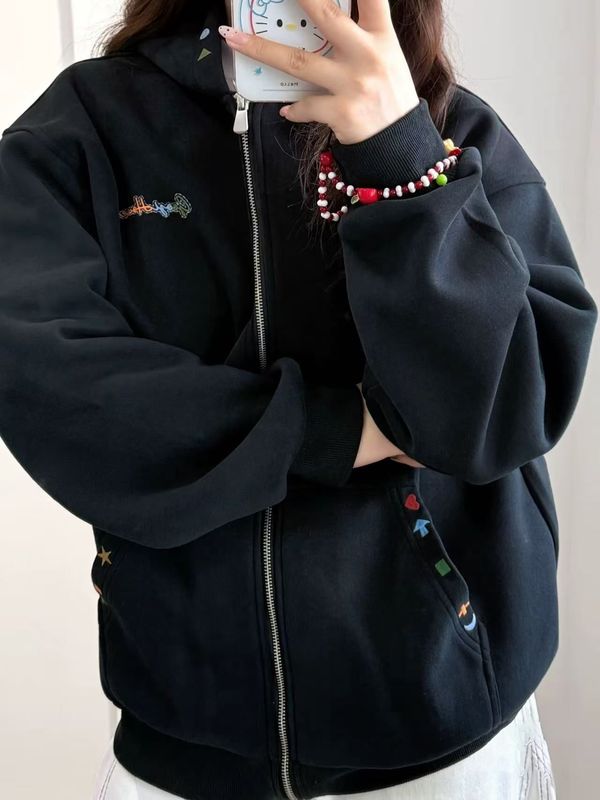 加绒美式复古彩刺绣连帽卫衣外套女秋冬宽松休闲开衫长袖上衣情侣|undefined