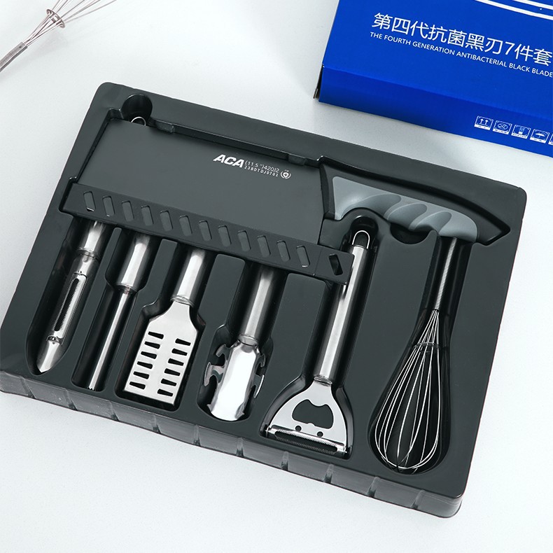 ACA Antibacterial Black Blade Gadget Juego de 7 piezas Cuchillo de pelar Rallador Cortador Juego de herramientas multifunción