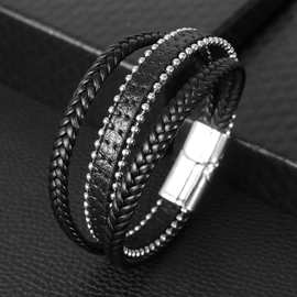 Temu热卖简约铆钉皮革手工编织手镯饰品时尚新款男士不锈钢手链