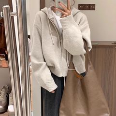 Korean Style Hooded Zipper Cardigan Soft and Plush Women's 2024 Autumn/Winter Thick Outerwear Knit Top for Layering