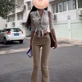 美式复古微喇牛仔裤女春季新款高腰修身显卡其色百搭阔腿拖地裤