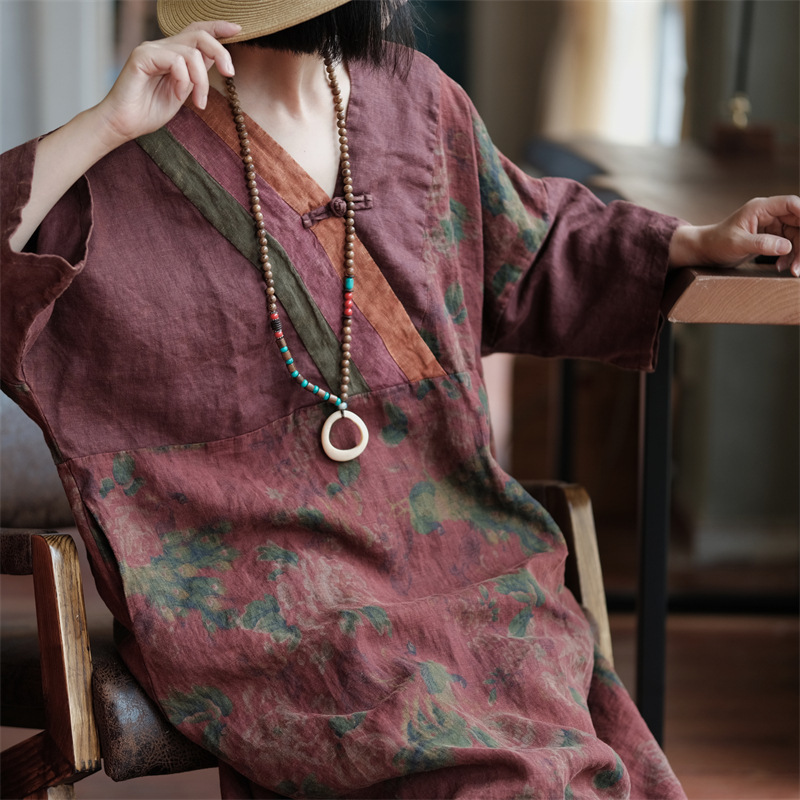 Luogu Mud Light Custom Retro Literary Linen Neckline Color Matching Loose Large Hem Dress Robe 2090 Zhuyan