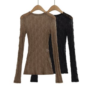 Pleated Embossed Lace Blouse Design Bottoming Shirt 2025 Summer Slightly See-Through Top