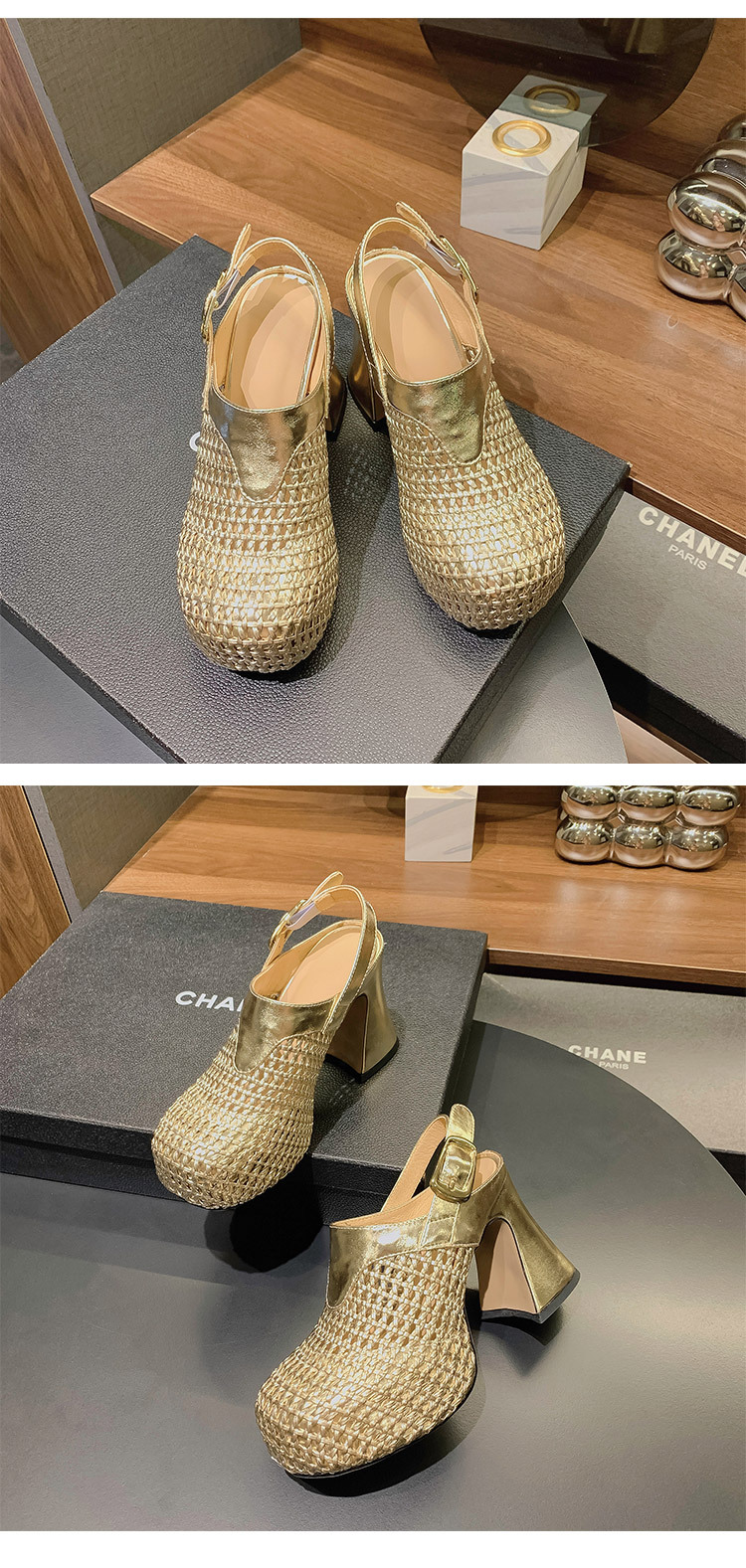 Sandal cao gót nữ đế xuồng platform dệt kim vàng, gót 10 cm, phong cách La Mã — Màu đen, Màu vàng, Màu bạc chi tiết 8
