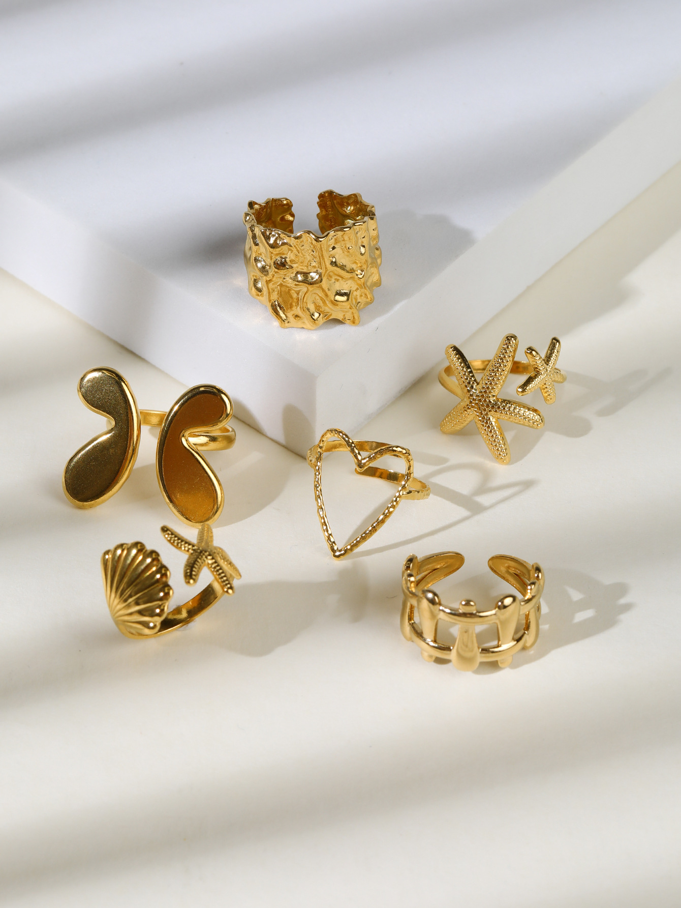 10g Weight Open Rings Classification 1 Piece Quantity Holiday, Daily Occasion 304 Stainless Steel Material Starfish, Heart Shape Pattern Unisex Gender Plating Design Retro Style Wholesale Jewelry Retro Starfish Heart Shape 304 Stainless Steel Plating Open Rings 1