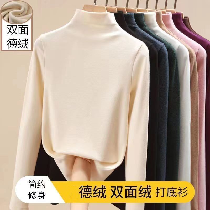 Single/two-piece fleece-lined thickened double-sided velvet semi-high collar bottoming shirt women's autumn and winter interior women's warm top