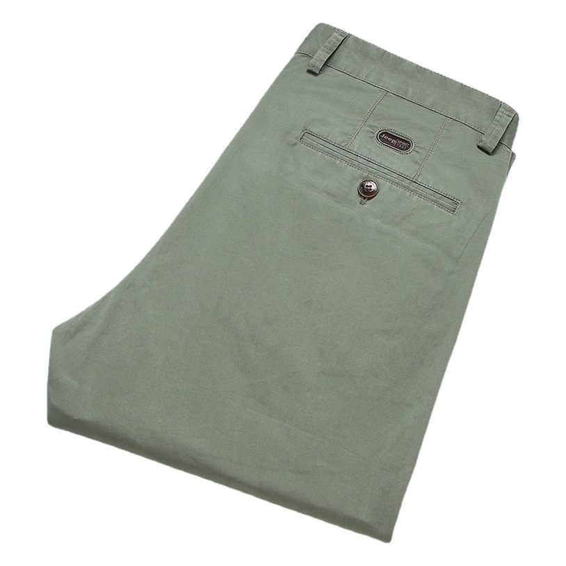 Pantalones casuales de los hombres delgados de primavera y verano de color sólido micro elástico de mediados de cintura de algodón verde de mediana edad pantalones de negocios de moda J066