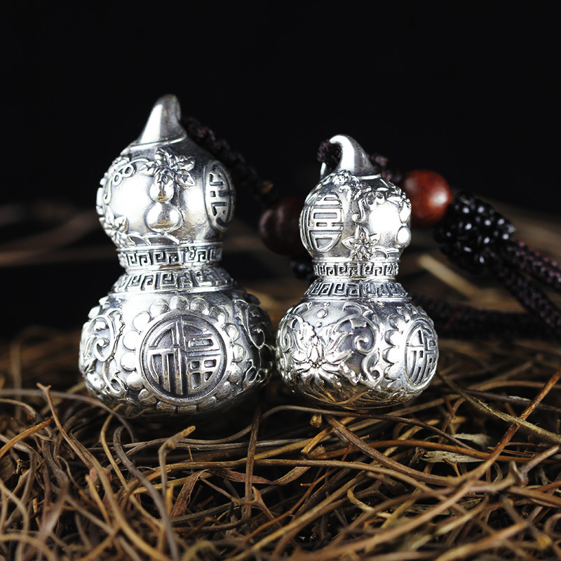 999足银葫芦吊坠男纯银项链女空心可打开挂坠复古银饰品情侣挂件