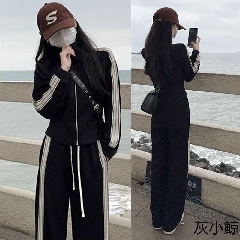 新款韩版时尚阔腿裤套装运动服套装女二件套显瘦运动风跑步服|undefined